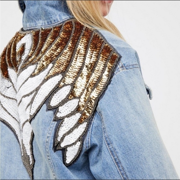Free People Sequin Glam Denim Jacket in Indigo Blue Size Small - Picture 4 of 14